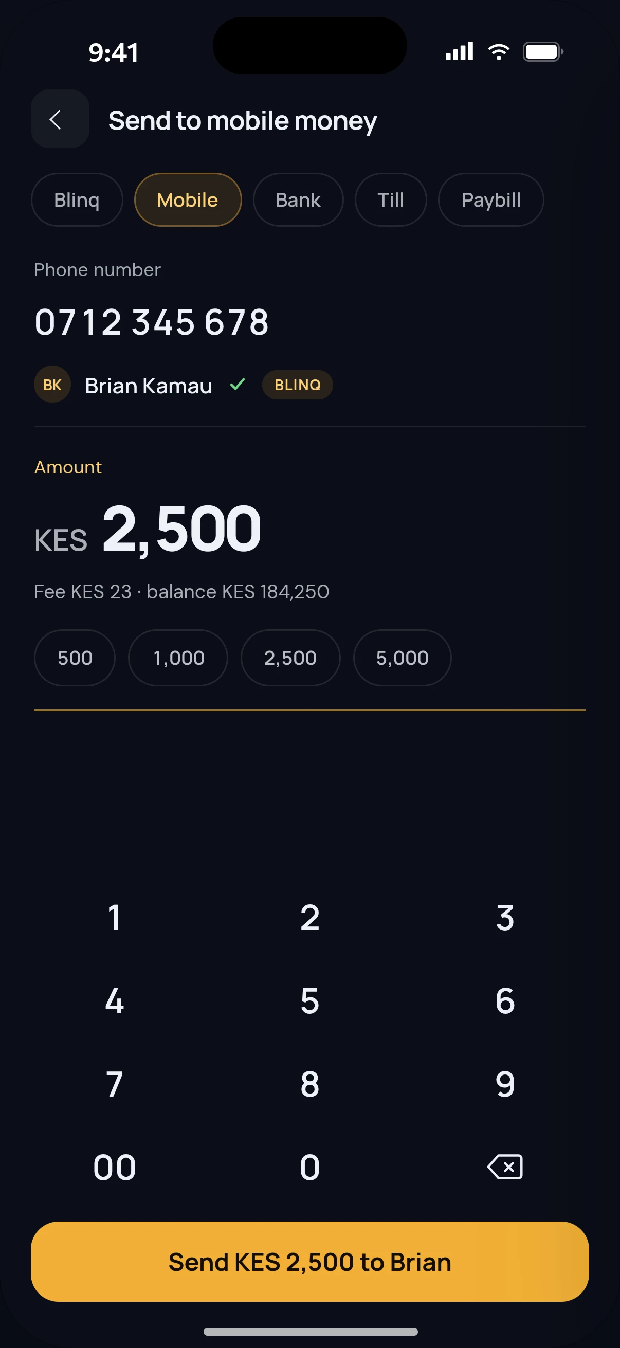 Blinq confirm screen showing the charge before you send